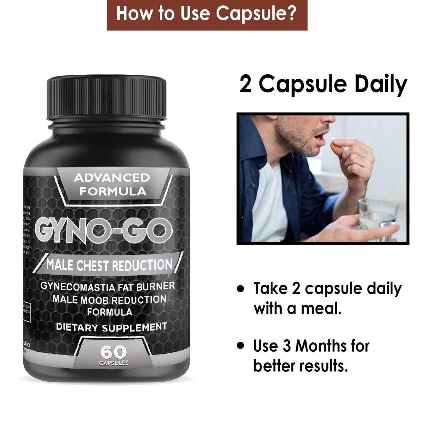 Gyno-Go Male Chest Size Reduction Capsule - Reduce Gynecomastia - 60 Caps - Beauty Swiss
