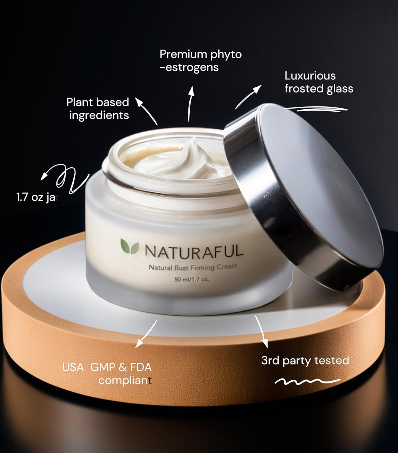 Naturaful cream jar with plant-based ingredients and premium phyto-estrogens on a black background
