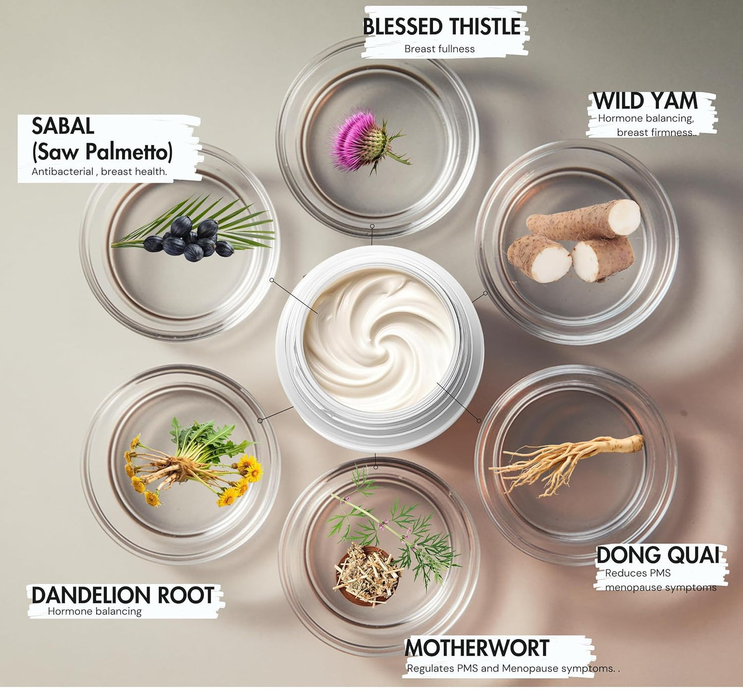 Naturaful breast enlargement cream herbal roots and plants in bowls with labels on a light background